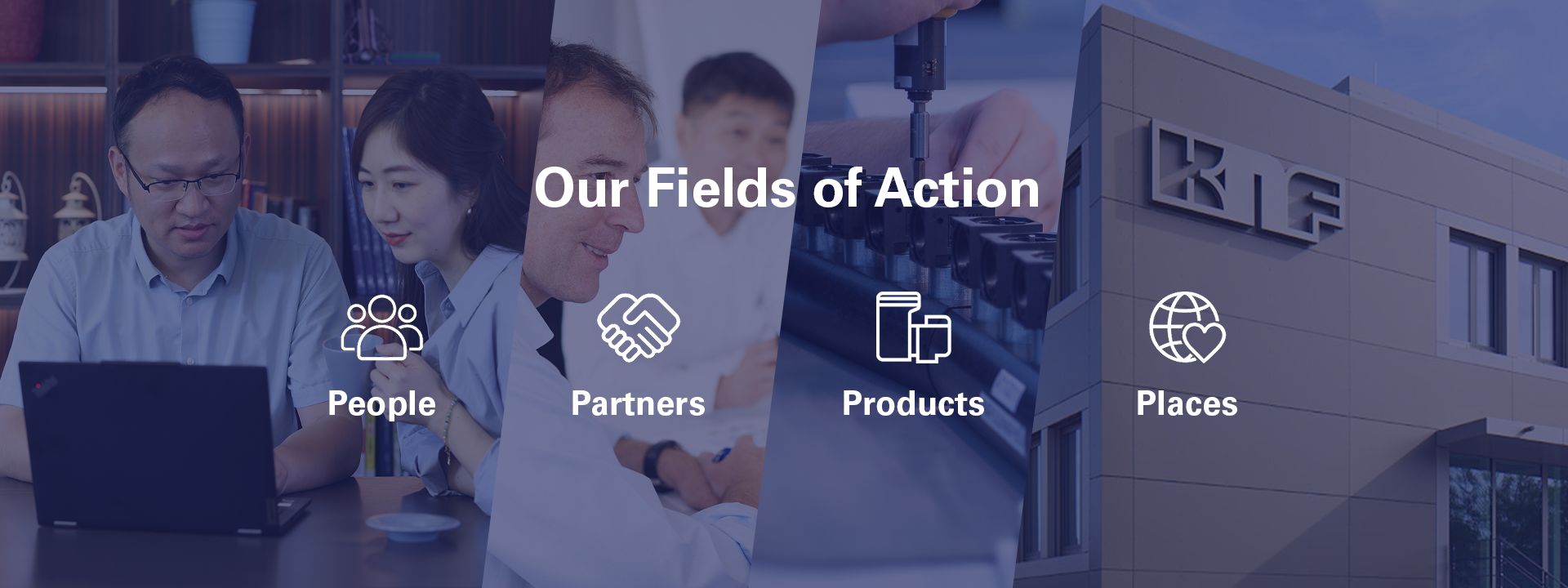 Overview illustration of KNF’s fields of action for sustainability showing people in meetings, diaphragm pumps in assembly and an outside view of the KNF Flodos AG building.