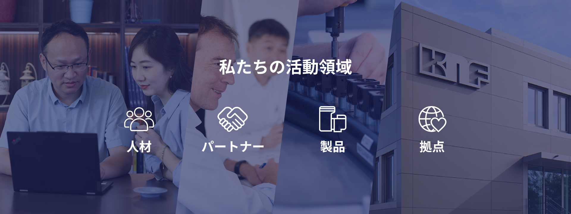 KNFのサステナビリティ分野における活動概要図。会議中の人々、組立工程のダイアフラムポンプ、KNF Flodos AG社屋の外観を示す。