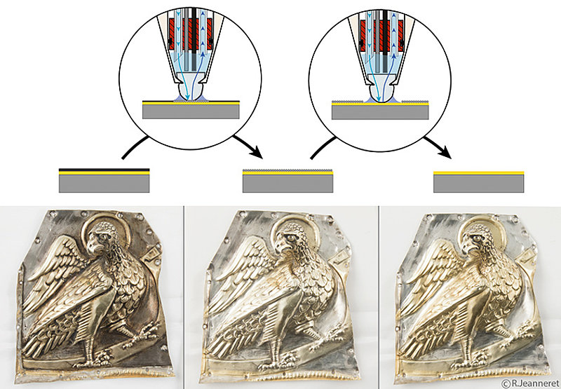 Zunächst reduziert Pleco die Anläufe auf dem Silber; in einem zweiten Schritt wird das reduzierte Silber oxidiert. Bildnachweis: © Romain Jeanneret – Atelier de restauration de l’Abbaye de Saint-Maurice