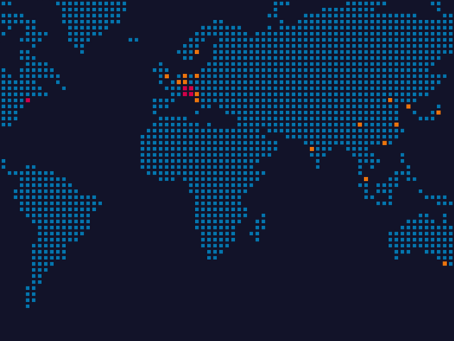 A worldmap with highlights at every KNF location