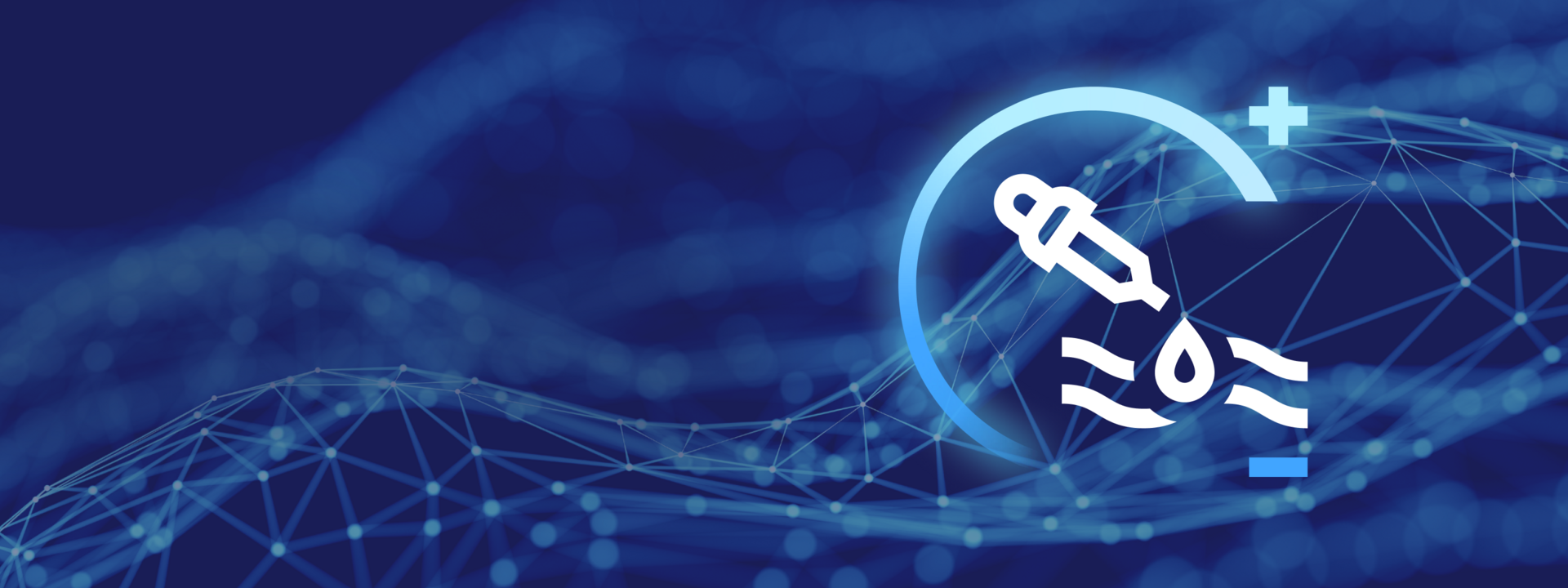White and blue versatile dosing icon shown over a digital wave pattern on a dark blue background.
