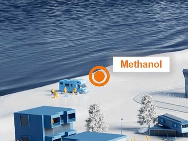 Eine Illustration mit einem Wohnmobil und vier davorsitzenden Personen – der Text Methanol ist Bestandteil des Bildes