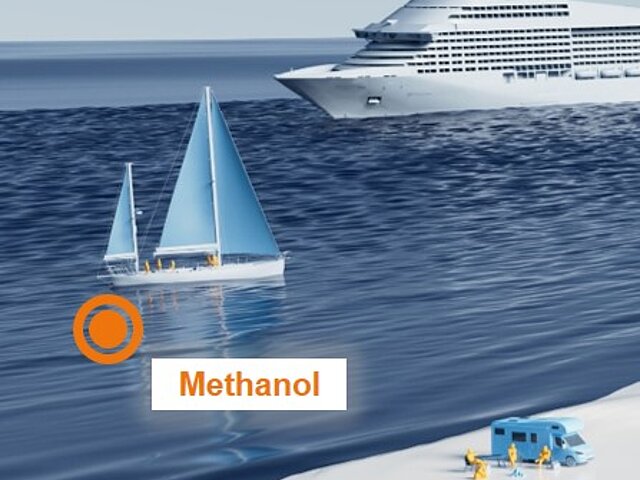 An illustration with a sailing yacht in the center of the picture - the text Methanol is part of the picture