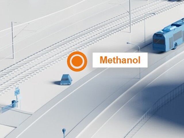 Illustration einer mobilen Blitzanlage an der linken Straßenseite- der Text Methanol ist Bestandteil des Bildes