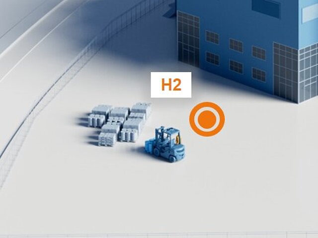 Illustration of how an H2-powered forklift truck approaches a collection of palletized goods outside a building
