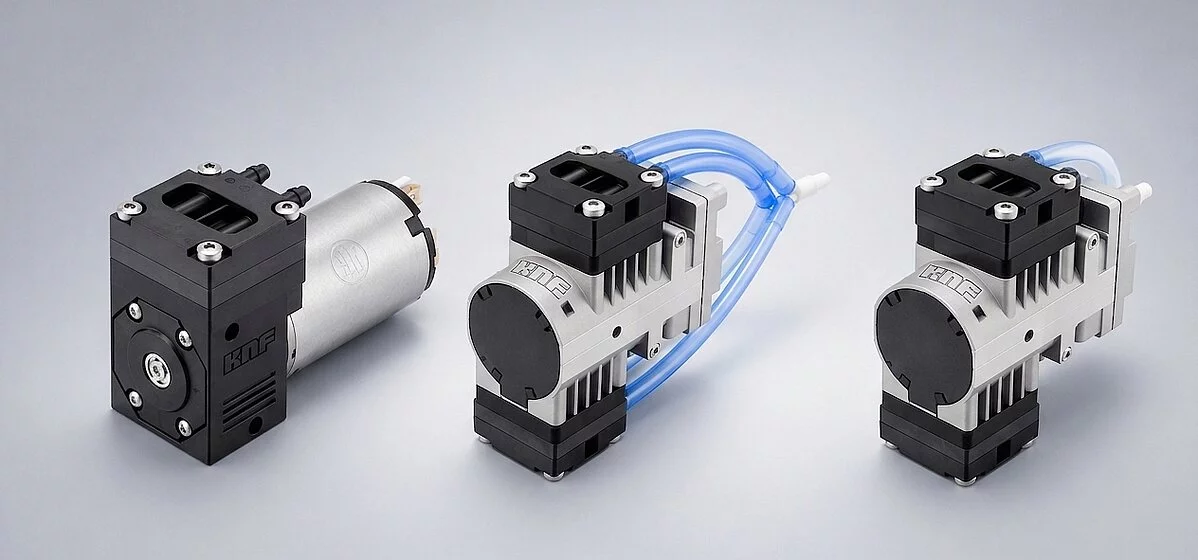 Collage of a diaphragm gas pump NMP 830 with one pump head, two pump heads in parallel, and 2 pump heads in serial connection.