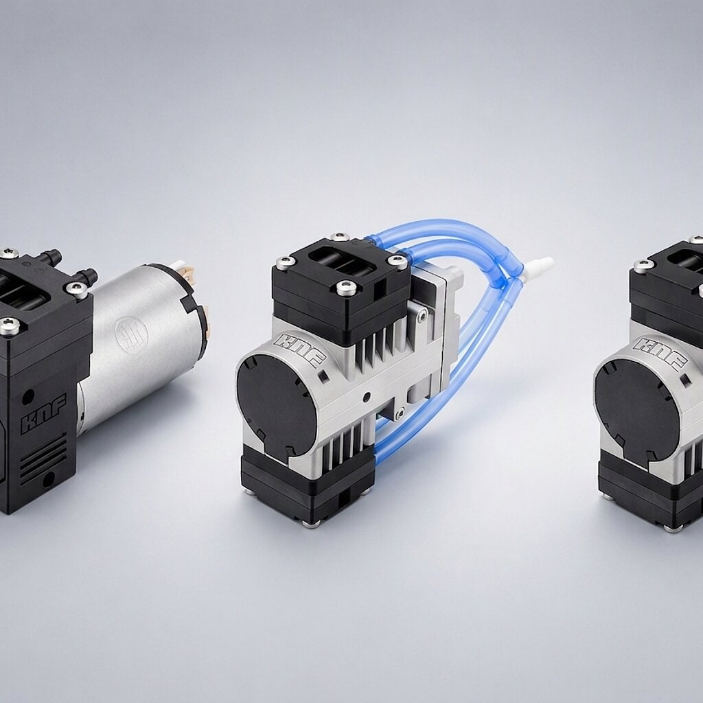 Collage of a diaphragm gas pump NMP 830 with one pump head, two pump heads in parallel, and 2 pump heads in serial connection.