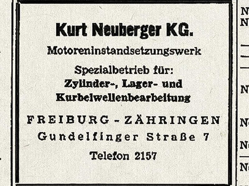 第一个广告：Kurt Neuberger 于 1946 年创立公司，公司最初位于弗莱堡的贡德尔芬格街。 