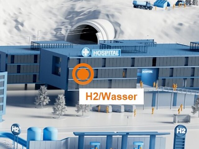 Illustration eines Krankenhauses – im Hintergrund ist ein Tunneleingang sowie im Vordergrund eine H2-Tankstelle zu sehen