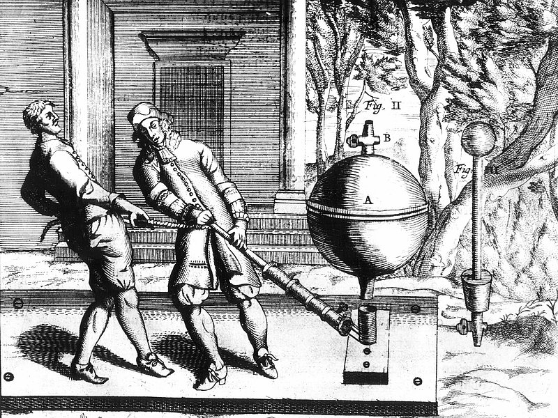 Ein Kupferstich von 1672 zeigt den Versuch, ein Vakuum in einer Kupferhohlkugel herzustellen.  
(Bildnachweis: akg-images) 