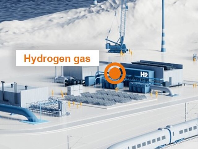 Illustration of a hydrogen production plant in container design - the text hydrogen gas is part of the picture