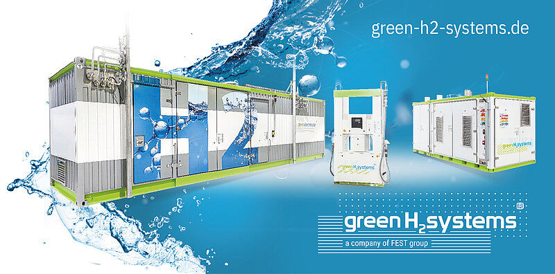 Erzeugung, Logistik, Anwendung – Green H2 Systems, ein Geschäftsfeld der FEST GmbH, konzentriert sich auf Wasserstoff-Elektrolysen und individuelle H2-Lösungen und verwirklicht damit Projekte für grünen Wasserstoff. Bildnachweis: FEST GmbH