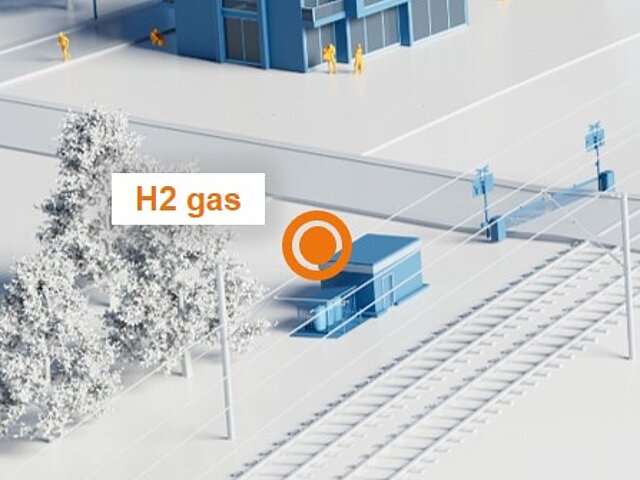 Illustration of an emergency power system along a railroad line - the text H2 Gas is part of the picture