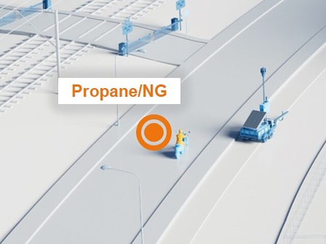 Illustration of a street scene with a scooter driver - the text propane/NG gas is part of the picture