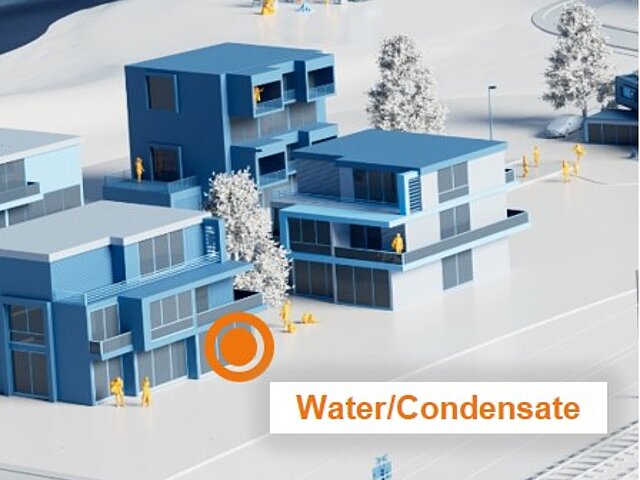 An illustration of several residential buildings with people and trees - the text water/condensate is part of the picture