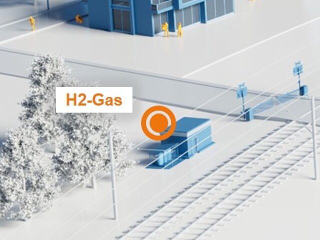 Illustration einer Notstromanlage entlang einer Bahnstrecke - der Text H2 Gas ist Bestandteil des Bildes
