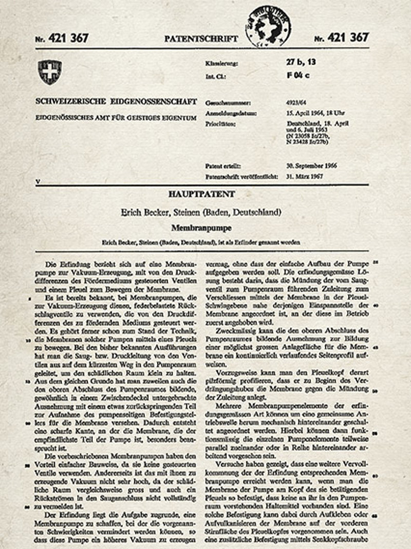 Erstes Patent: 1966 sichert sich Erich Becker die Schutzrechte auf seine Weiterentwicklung der Membranpumpentechnik.