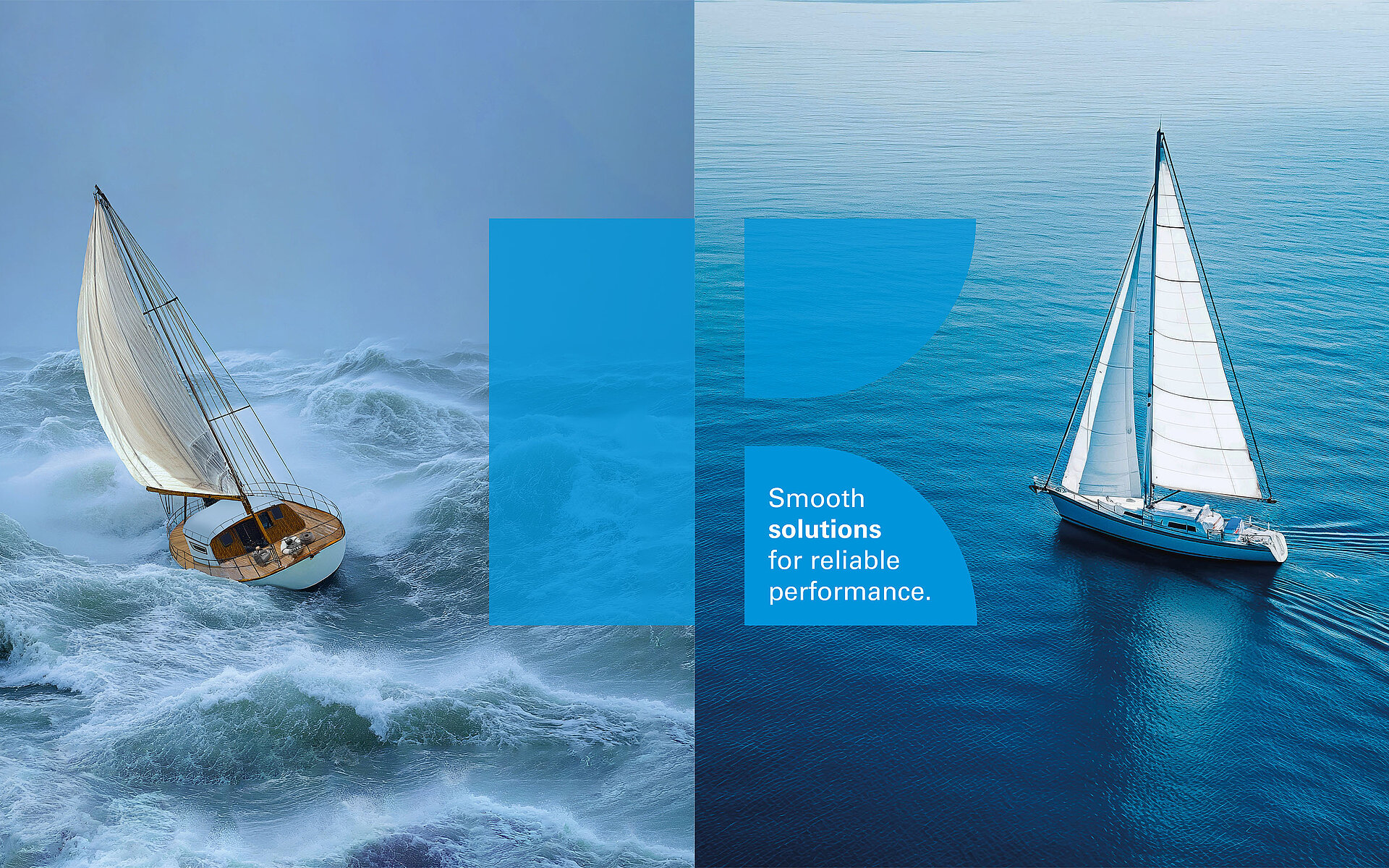 A sailboat on stormy seas and a sailboat in calm waters, illustrating the difference that KNF's Smooth Flow pump solutions make by reducing pulsation.