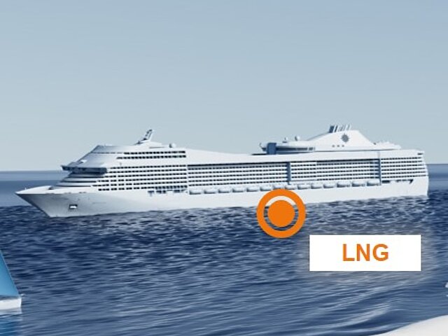 Eine Illustration eines Kreuzfahrtschiffes auf dem Meer mit der Kennzeichnung LNG als Hinweis auf den Treibstoff