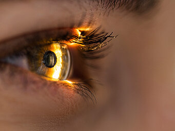 眼球のクローズアップ映像。光が照射されており白内障手術などの医療用途の一部と思われる。