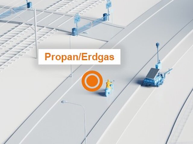Illustration einer Straßenszene mit einem Motorrollerfahrer - der Text Propan/Erdgas ist Bestandteil des Bildes