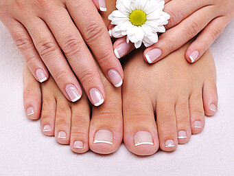 Two manicured hands hold a flower and embrace two pedicured feet