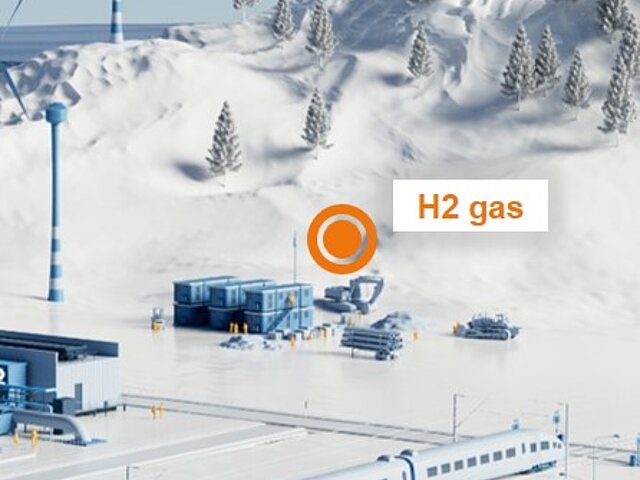 Illustration of an off-grid construction site at the foot of a mountain that uses H2 gas to generate electricity and heat